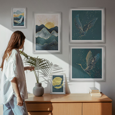 Set of 5 wall art pieces Stylish mountains birds sun