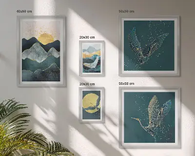 Set of 5 wall art pieces stylish mountains with birds and sun motif