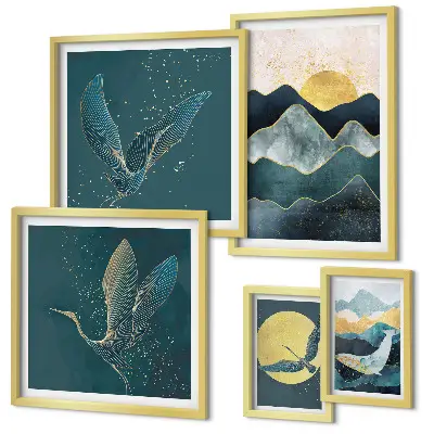 Set of 5 wall art pieces stylish mountains with birds and sun motif