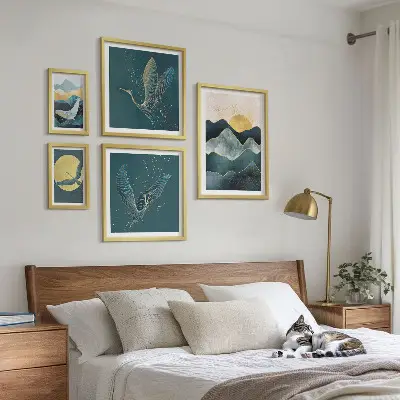 Set of 5 wall art pieces stylish mountains with birds and sun motif
