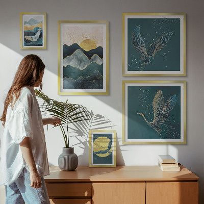 Set of 5 wall art pieces Stylish mountains birds sun
