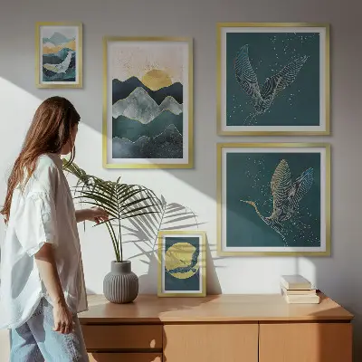 Set of 5 wall art pieces stylish mountains with birds and sun motif