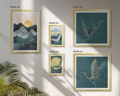 Set of 5 wall art pieces stylish mountains with birds and sun motif