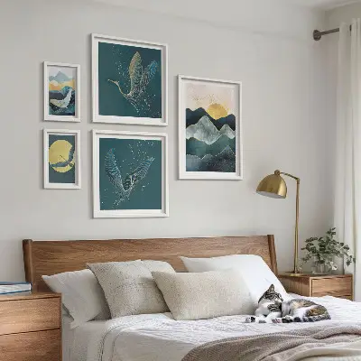 Set of 5 wall art pieces stylish mountains with birds and sun motif