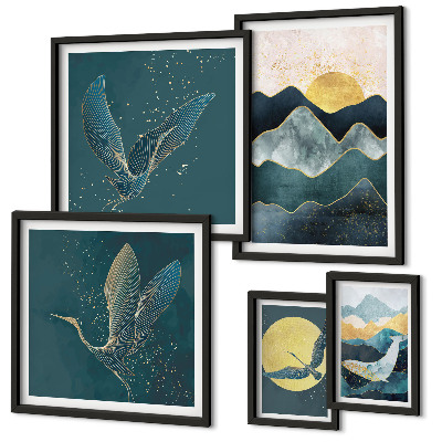 Set of 5 wall art pieces Stylish mountains birds sun