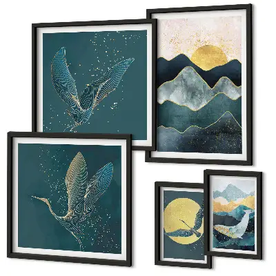 Set of 5 wall art pieces stylish mountains with birds and sun motif