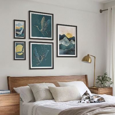 Set of 5 wall art pieces Stylish mountains birds sun