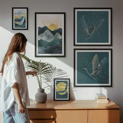Set of 5 wall art pieces stylish mountains with birds and sun motif