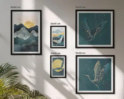 Set of 5 wall art pieces stylish mountains with birds and sun motif