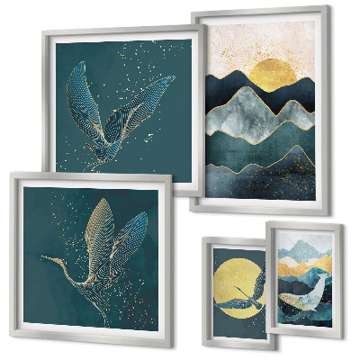 Set of 5 wall art pieces Stylish mountains birds sun