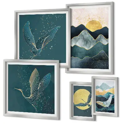 Set of 5 wall art pieces stylish mountains with birds and sun motif