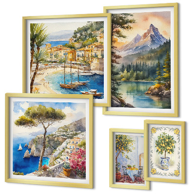 Set of 5 wall art pieces Landscapes of mountains and sea views