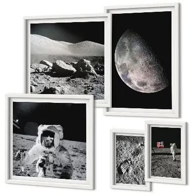 Gallery wall set astronaut-themed lunar landscapes