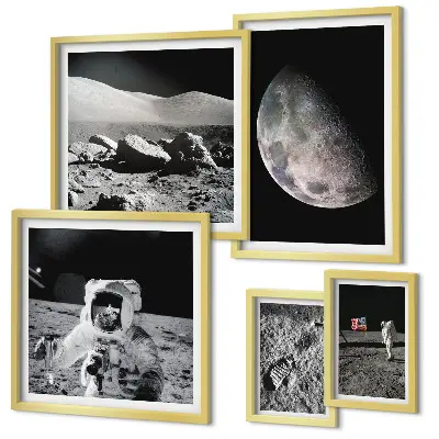 Gallery wall set astronaut-themed lunar landscapes