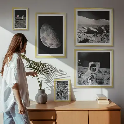 Gallery wall set astronaut-themed lunar landscapes