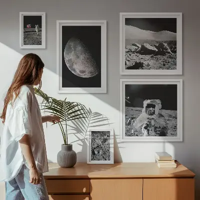 Gallery wall set astronaut-themed lunar landscapes