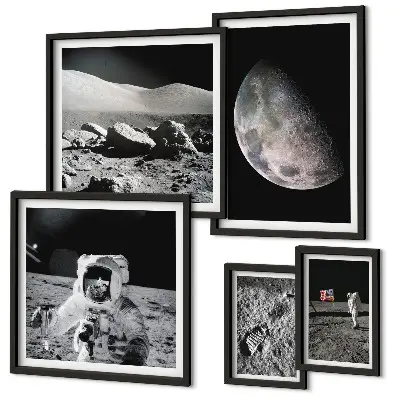 Gallery wall set astronaut-themed lunar landscapes