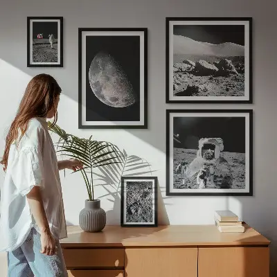 Gallery wall set astronaut-themed lunar landscapes