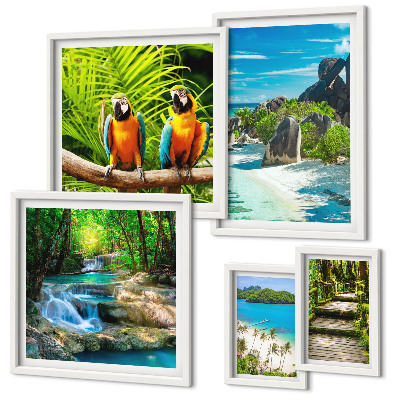 Set of 5 wall art pieces Tropical landscapes birds waterfalls