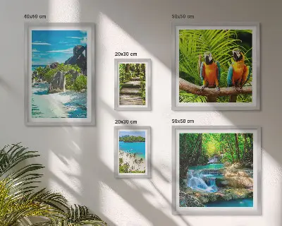 Set of 5 tropical landscape wall art pieces featuring birds and waterfalls