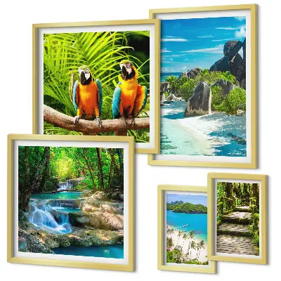 Set of 5 tropical landscape wall art pieces featuring birds and waterfalls