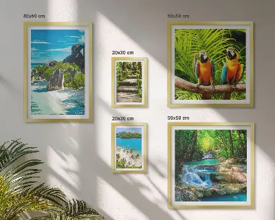 Set of 5 tropical landscape wall art pieces featuring birds and waterfalls