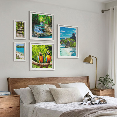 Set of 5 wall art pieces Tropical landscapes birds waterfalls