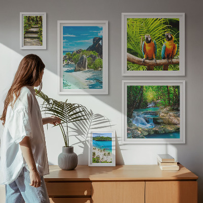 Set of 5 wall art pieces Tropical landscapes birds waterfalls