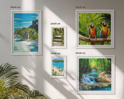Set of 5 tropical landscape wall art pieces featuring birds and waterfalls