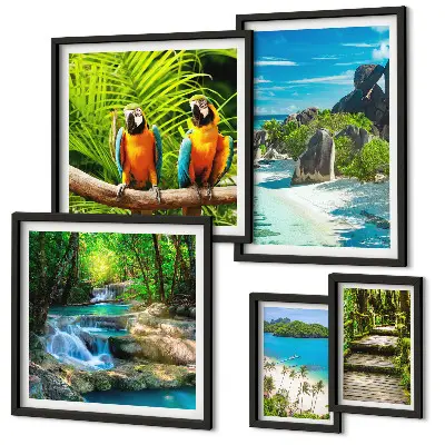 Set of 5 tropical landscape wall art pieces featuring birds and waterfalls