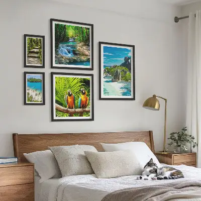 Set of 5 tropical landscape wall art pieces featuring birds and waterfalls