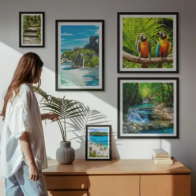 Set of 5 tropical landscape wall art pieces featuring birds and waterfalls