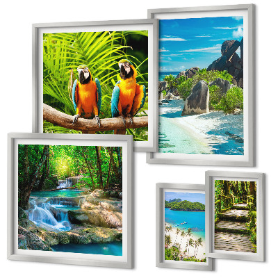 Set of 5 wall art pieces Tropical landscapes birds waterfalls