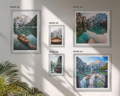 Framed photo set tranquil lakes and wooden boats