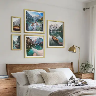Framed photo set tranquil lakes and wooden boats