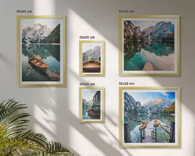 Framed photo set tranquil lakes and wooden boats