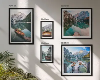 Framed photo set tranquil lakes and wooden boats