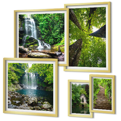 Framed photo set Green landscapes of waterfalls