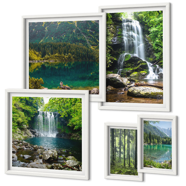 Set of 5 wall art pieces Waterfalls forest landscapes nature