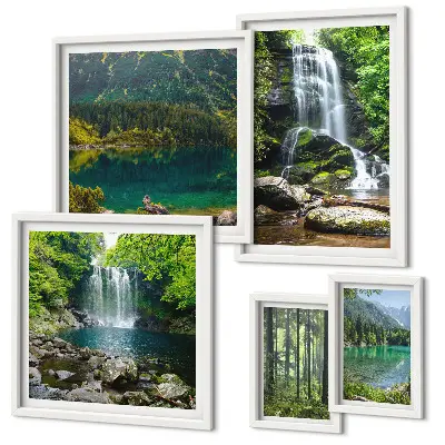 Set of 5 wall art pieces featuring waterfalls and forest nature landscapes