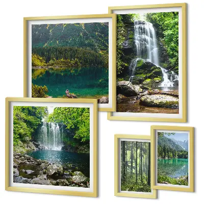Set of 5 wall art pieces featuring waterfalls and forest nature landscapes