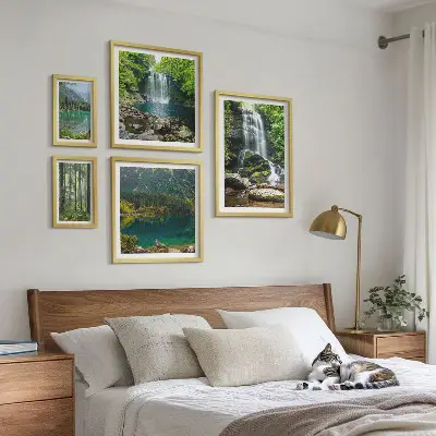 Set of 5 wall art pieces featuring waterfalls and forest nature landscapes