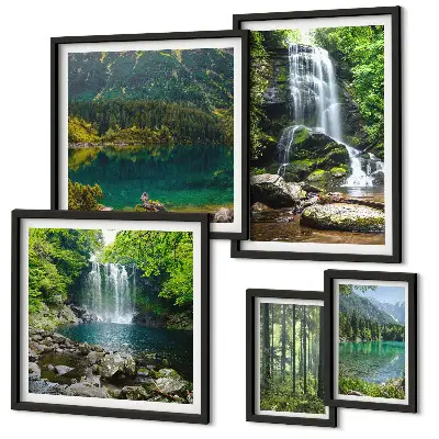 Set of 5 wall art pieces featuring waterfalls and forest nature landscapes