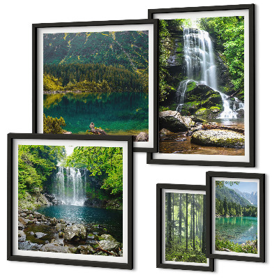Set of 5 wall art pieces Waterfalls forest landscapes nature