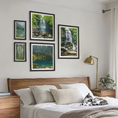 Set of 5 wall art pieces featuring waterfalls and forest nature landscapes