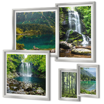 Set of 5 wall art pieces Waterfalls forest landscapes nature