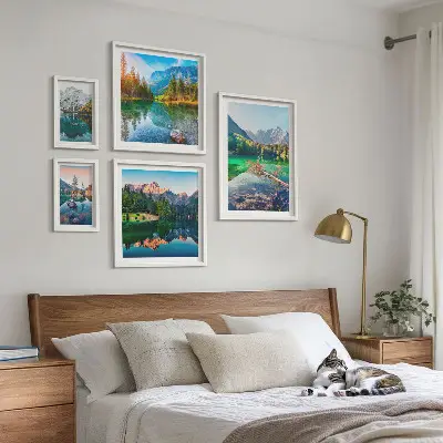 Set of 5 wall art pieces featuring mountain landscapes, lakes, and forests
