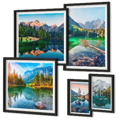 Set of 5 wall art pieces featuring mountain landscapes, lakes, and forests