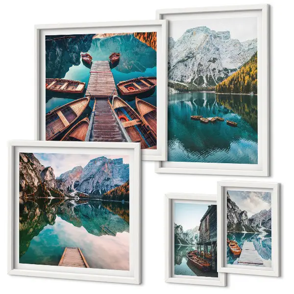 Gallery wall set mountain lakes and wooden boats theme