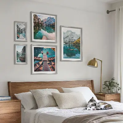 Gallery wall set mountain lakes and wooden boats theme